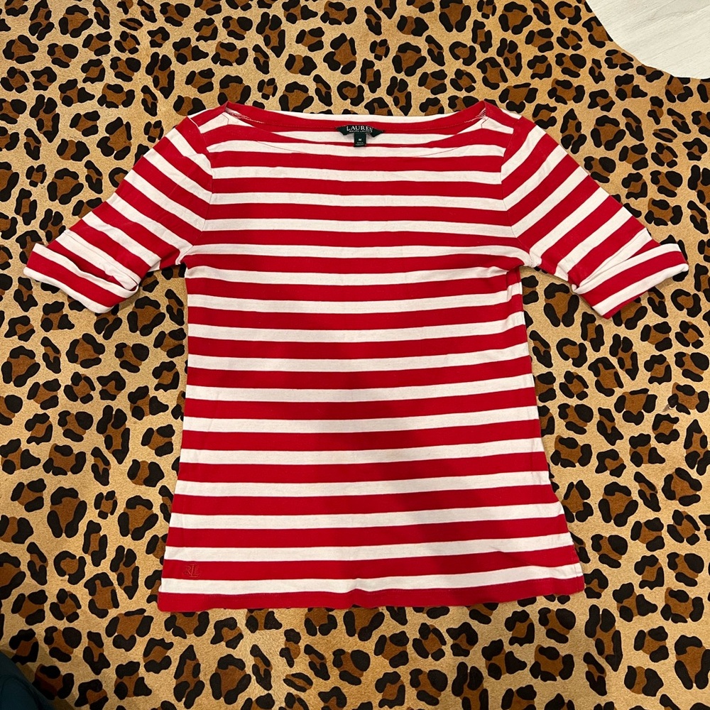 Ralph Lauren Red and White Boat Neck Striped Top